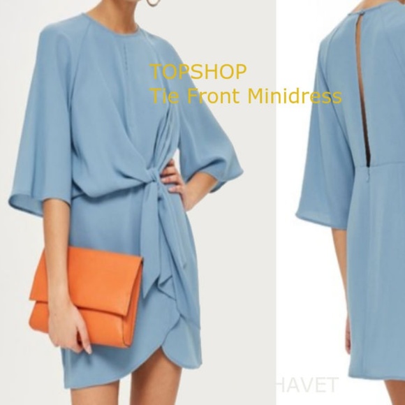 TOPSHOP Tie Front Minidress Light Blue Size 2 - Picture 2 of 5